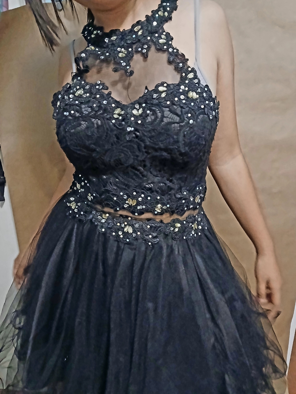 Dancing Queen Black Lace Beaded Two-Piece Prom Dress